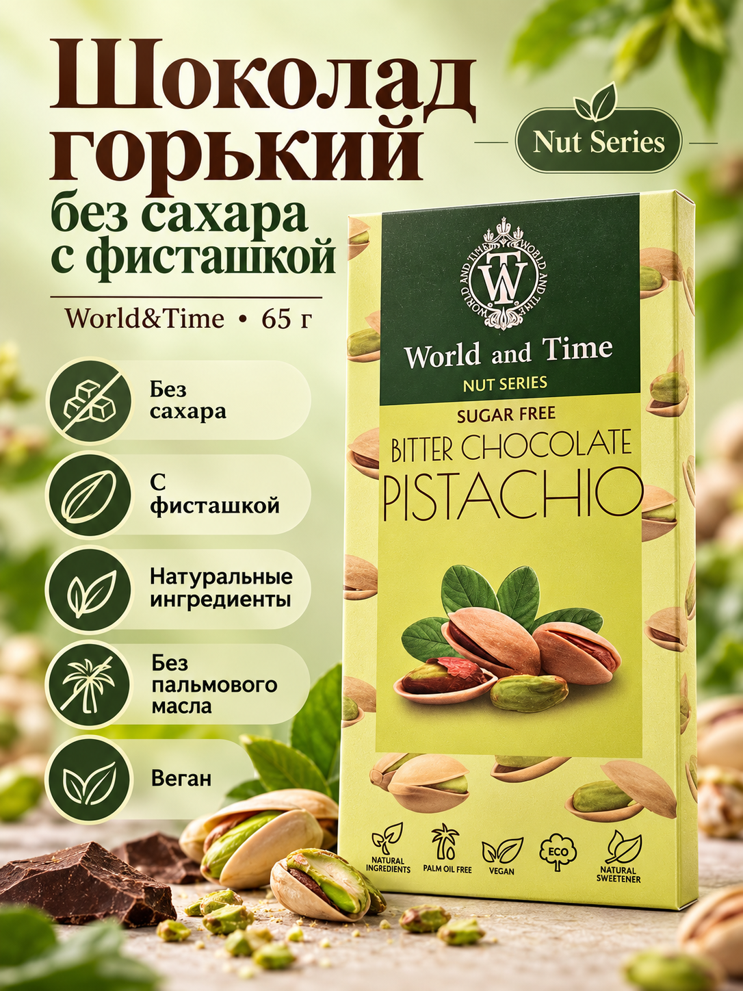 Шоколад горький без сахара с фисташкой World&Time 65 г