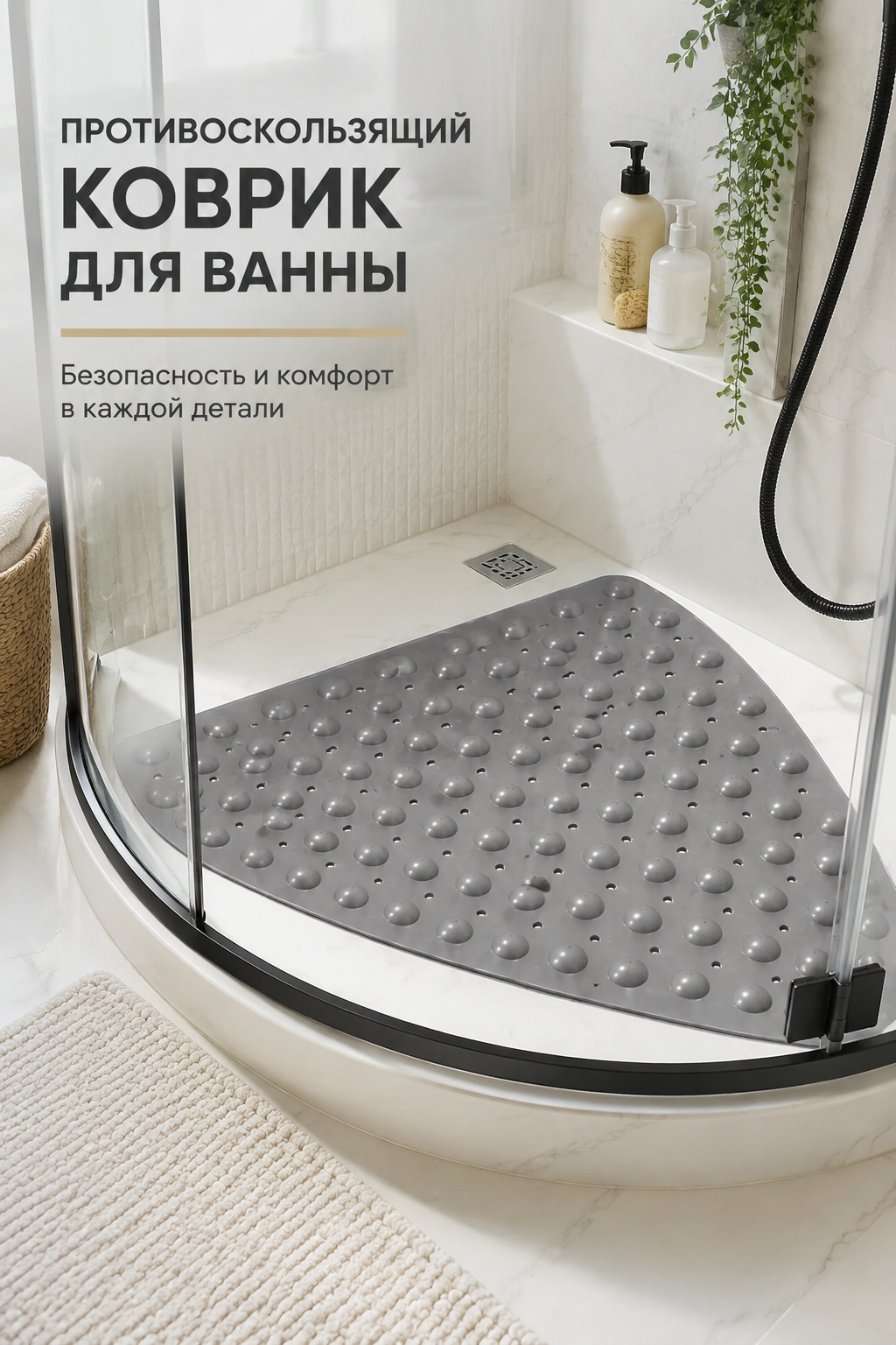 Противоскользящий коврик для ванны треугольный, ПВХ, серый, 53×53 см