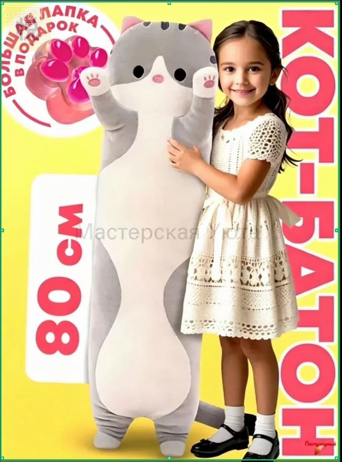 Мягкая игрушка Кот-батон, 80 см, серый