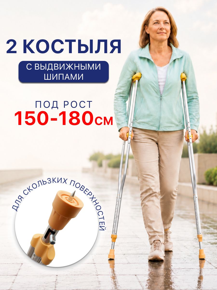 Костыли подмышечные взрослые и подростковые для роста 150-180 см Barry U Standart, алюминиевые с УПС (устройством против скольжения), по сертификату ТСР 6-04-05