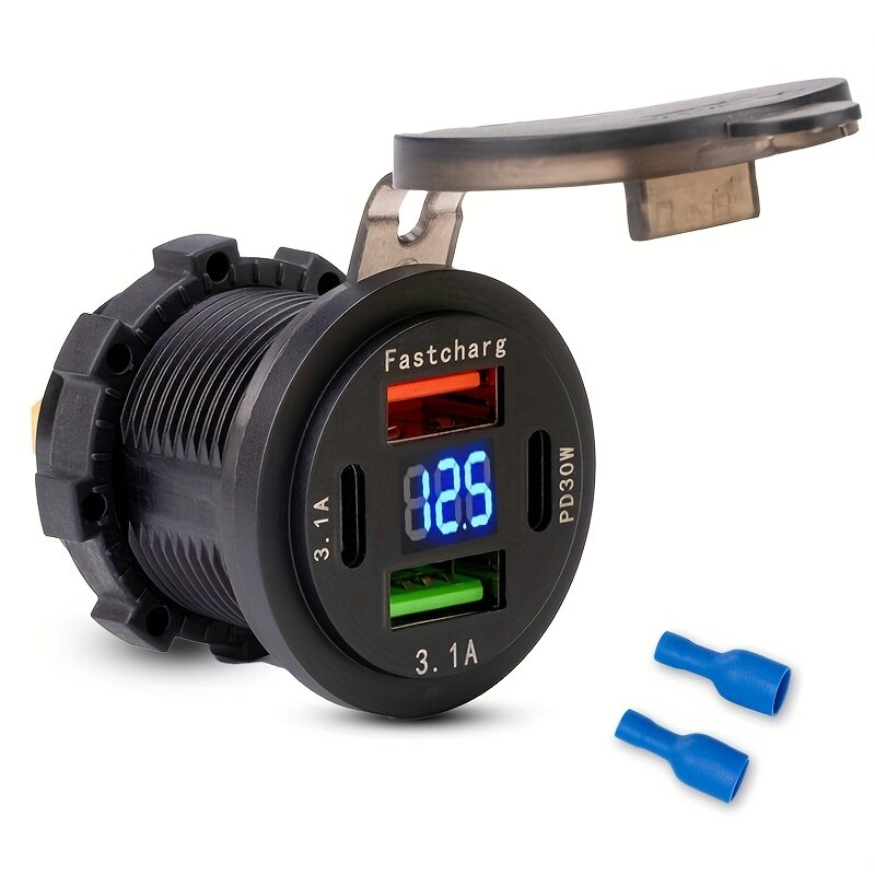 Встраиваемое 4-портовое автомобильное зарядное устройство с поддержкой PD и QC 3.0, цифровой дисплей, черный цвет, для авто, дома на колесах и яхты