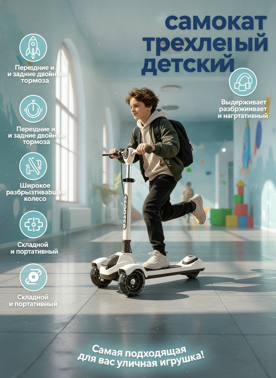Самокат самокат трехколесный детский 5-18 лет складной светящиеся колеса, бежевый