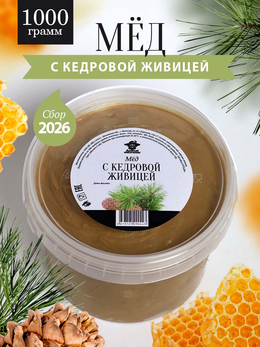 Мёд с кедровой живицей темный 1 кг, натуральный мед, для иммунитета, природное антибактериальное средство, пп продукт, полезный подарок