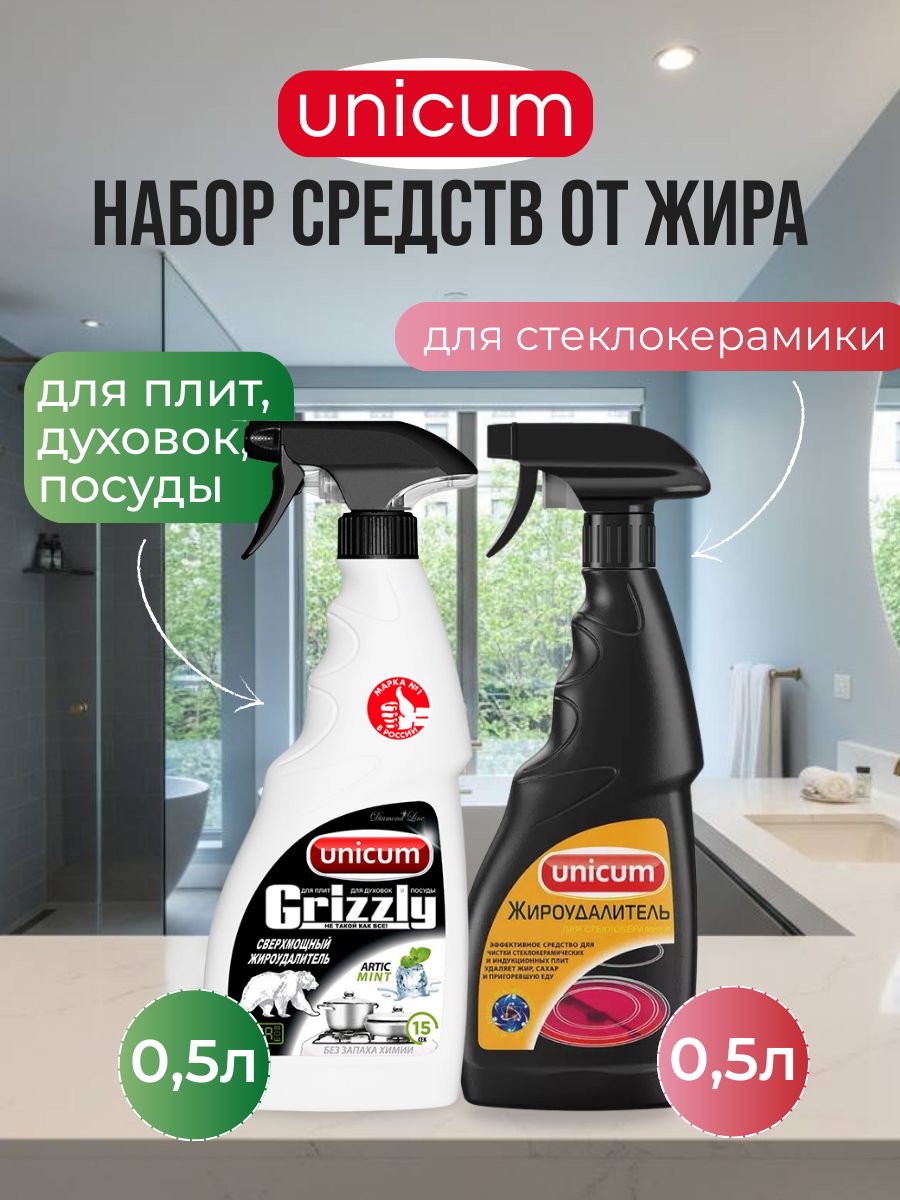 Комплект Unicum Grizzly Сверхмощная пена Жироудалитель + Жироудалитель для стеклокерамики 500 мл