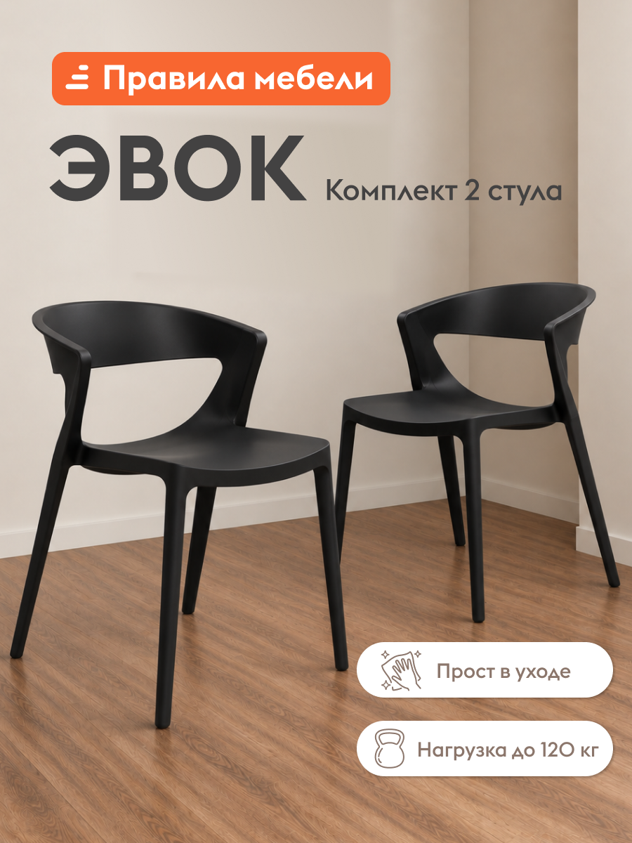 Комплект стульев для кухни Эвок 2 шт, пластиковые, без подлокотников, 49х49х75 см, Черный, пластик