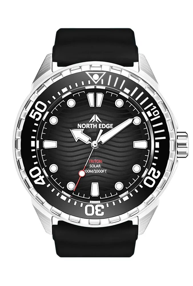 Часы наручные North Edge Triton Black, солнечные, нержавеющая сталь 316L, водонепроницаемость 300м, черный