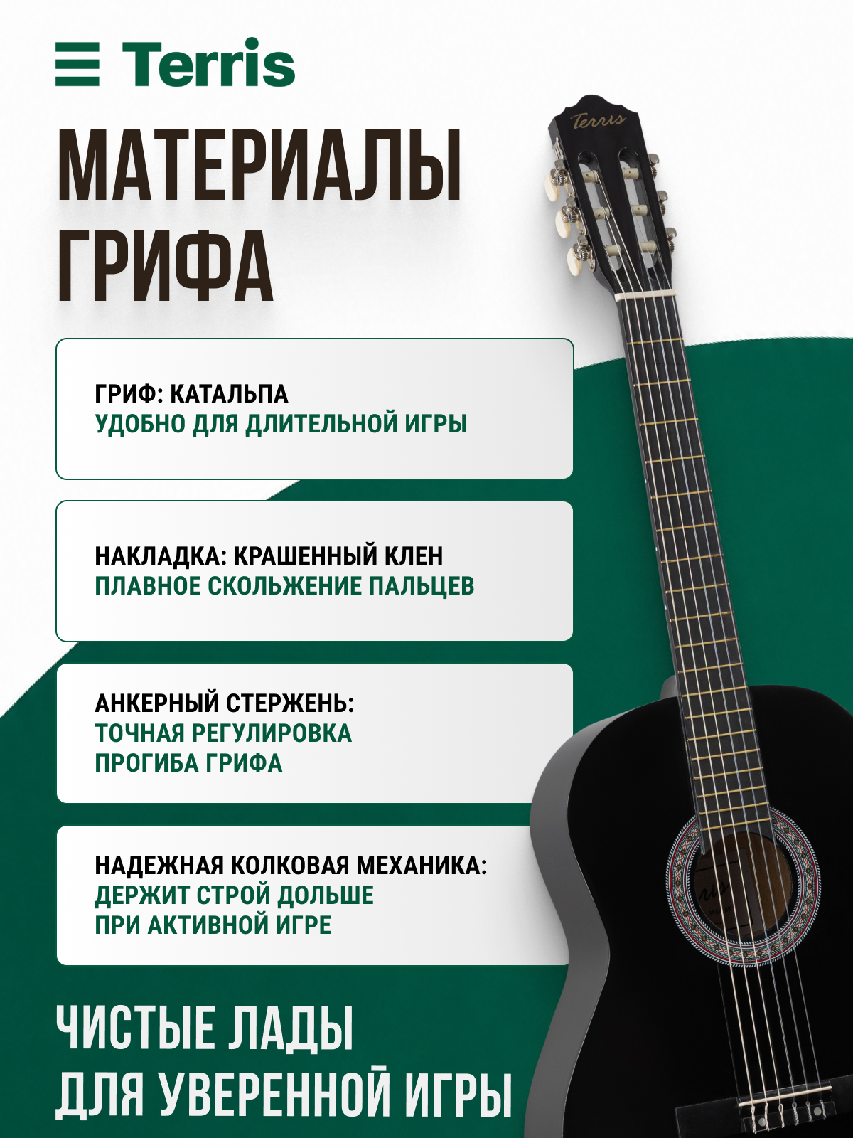 TERRIS TC-395A BK Классическая гитара: 4/4, черная, нейлоновые струны, с анкером — фото 1