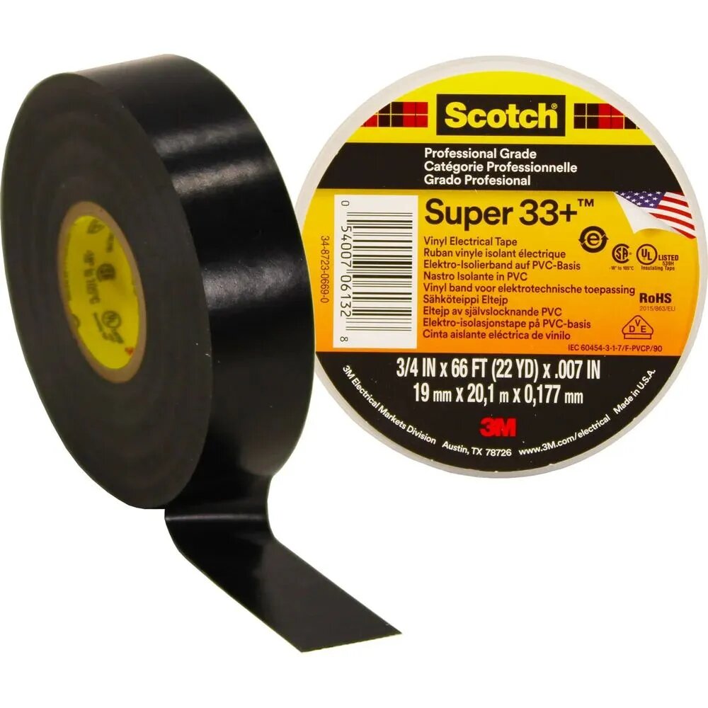 Изоляционная лента высшего класса 3М Scotch Super 33+ 19мм х 20м х 0,18мм 7000042541