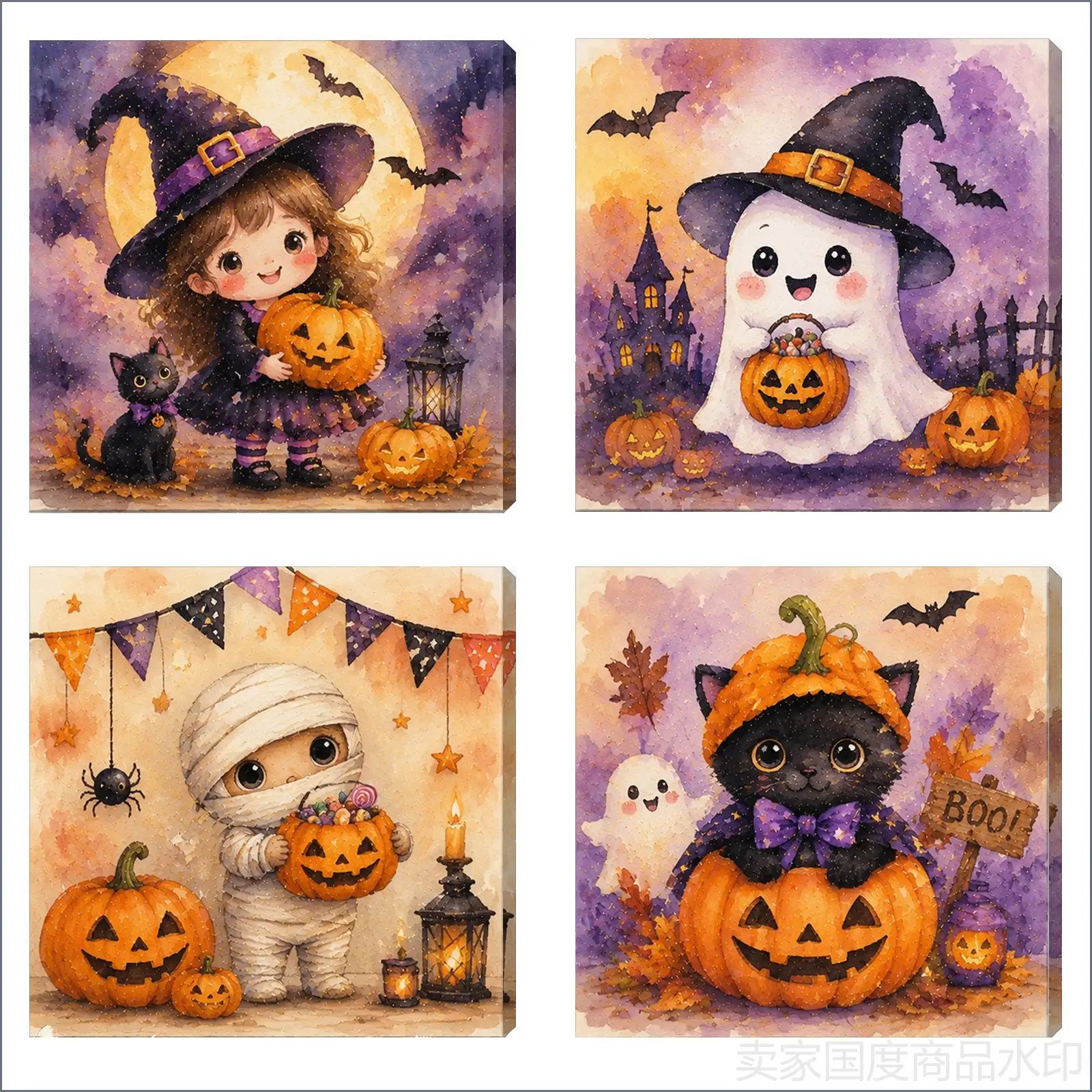 Набор цифровых картин Cute Halloween для росписи по номерам, 4 шт, холст 20 20 см, акриловые краски