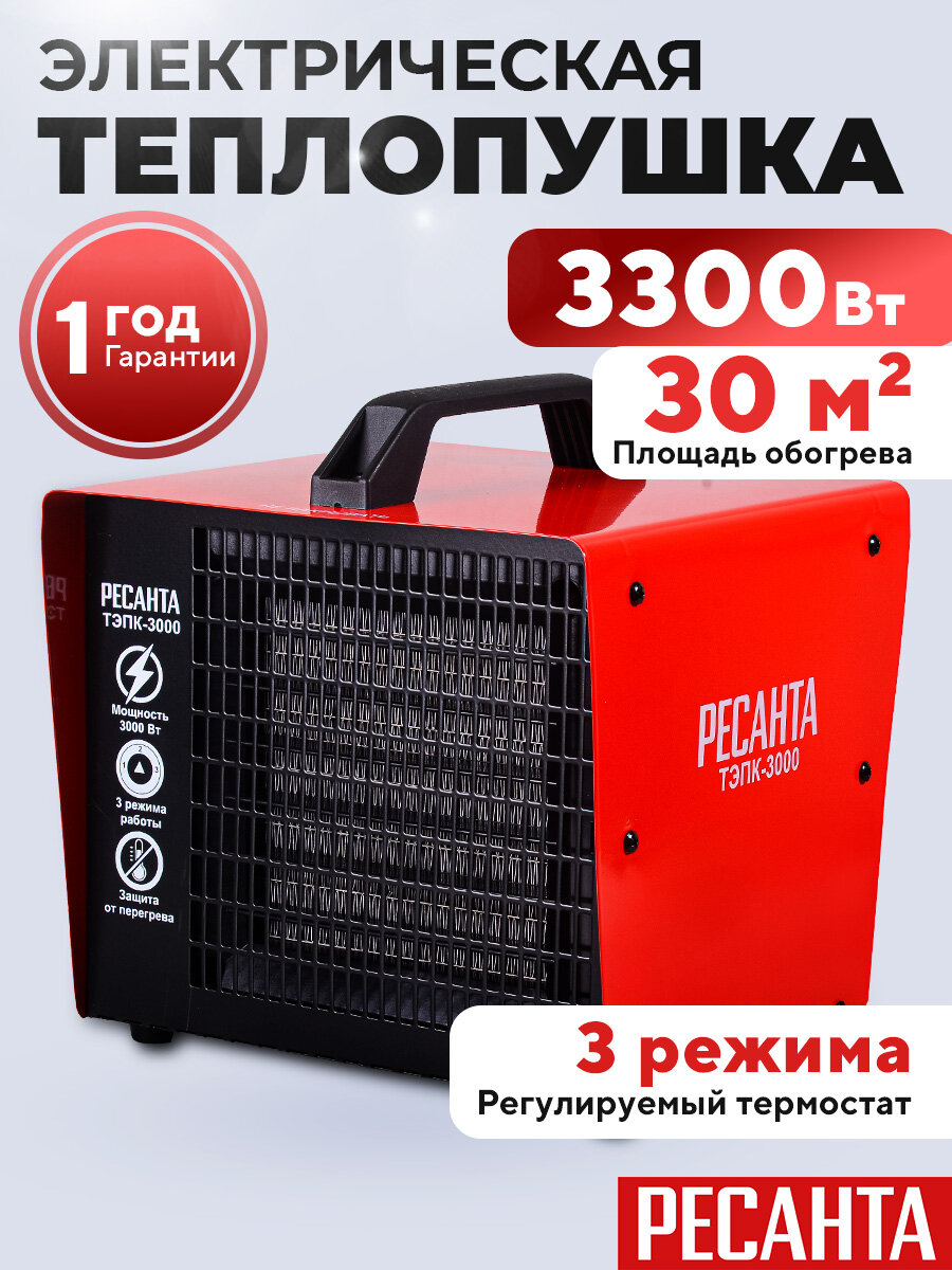 Тепловая электрическая пушка РЕСАНТА ТЭПК-3000, 3300 Вт / Обогреватель