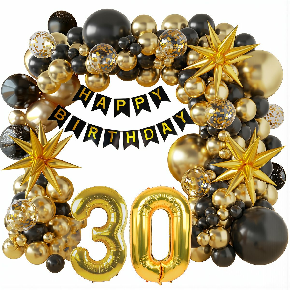 Набор шаров на день рождения для взрослых чёрно-золотой арка баннер HAPPY BIRTHDAY с цифрами для юбилея 50 60 70 80 лет 119 элементов вес 331 грамм, CY268-30 лет, чёрно-золотой набор шаров, 331 г, 119