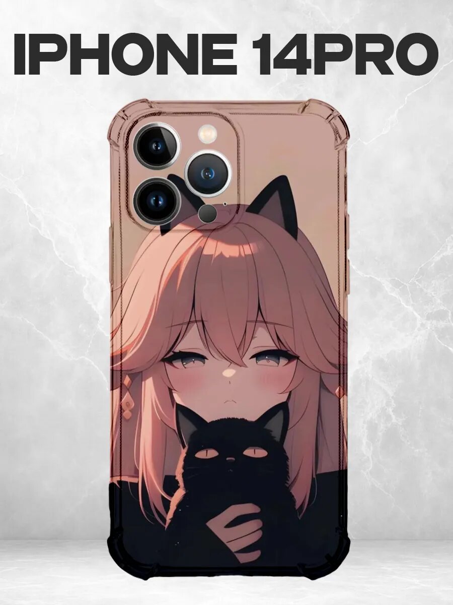 Чехол на iPhone 14 Pro с принтом Аниме девушка с черным кото