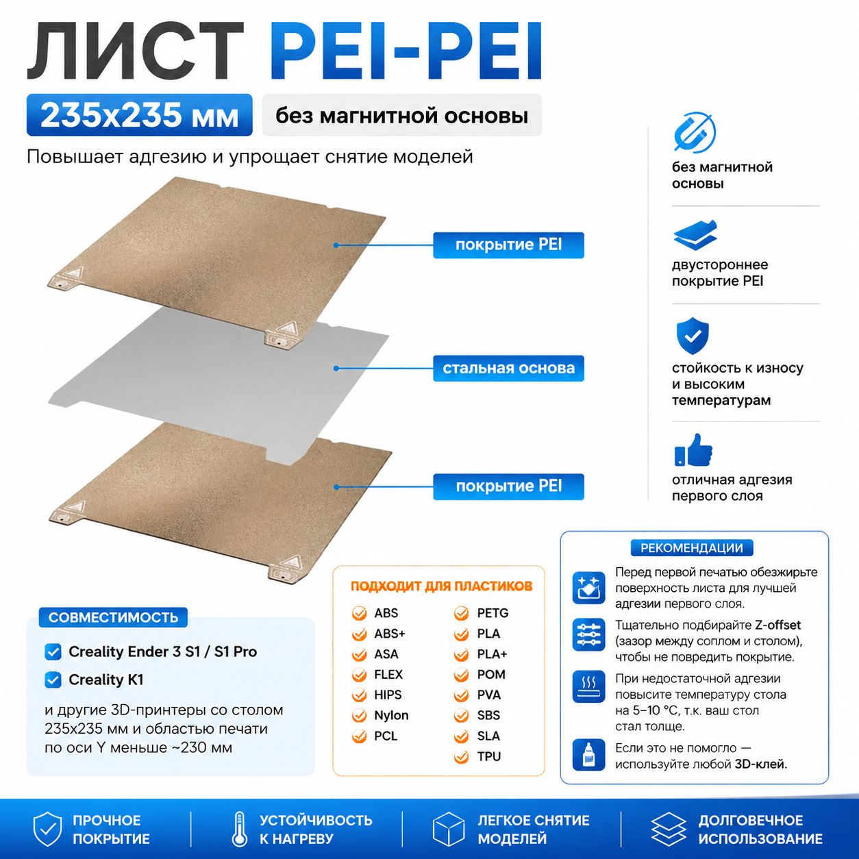 Пластина (Лист) PEI-PEI 235x235 мм для Creality Ender 3/5/S1/S1 Pro, V3, K1, K1C , Flashforge Adventurer 5m / 5m Pro (без магнитной основы)