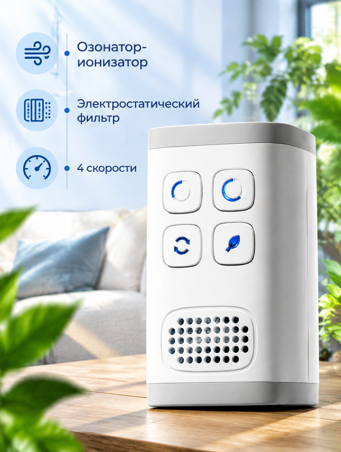 Озонатор-ионизатор воздуха с 4 скоростями, для помещений до 30 м², 3 Вт