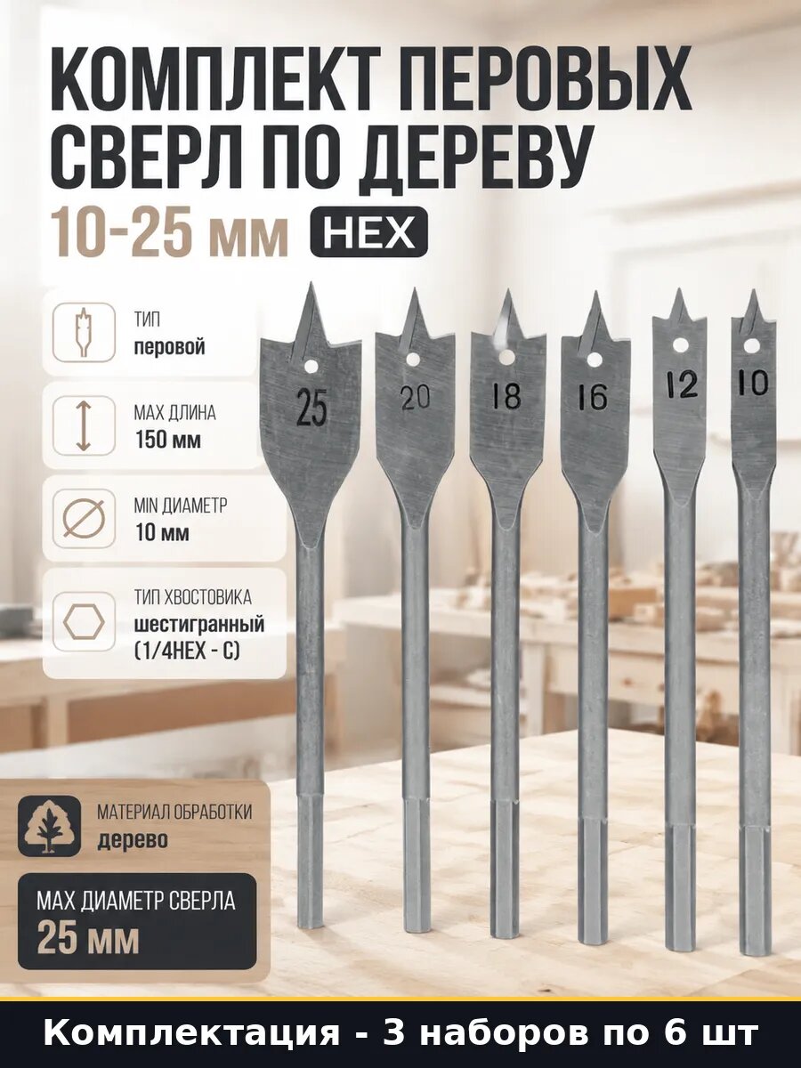 Комплект перовых сверл по дереву 10-25 мм 6 штук hex