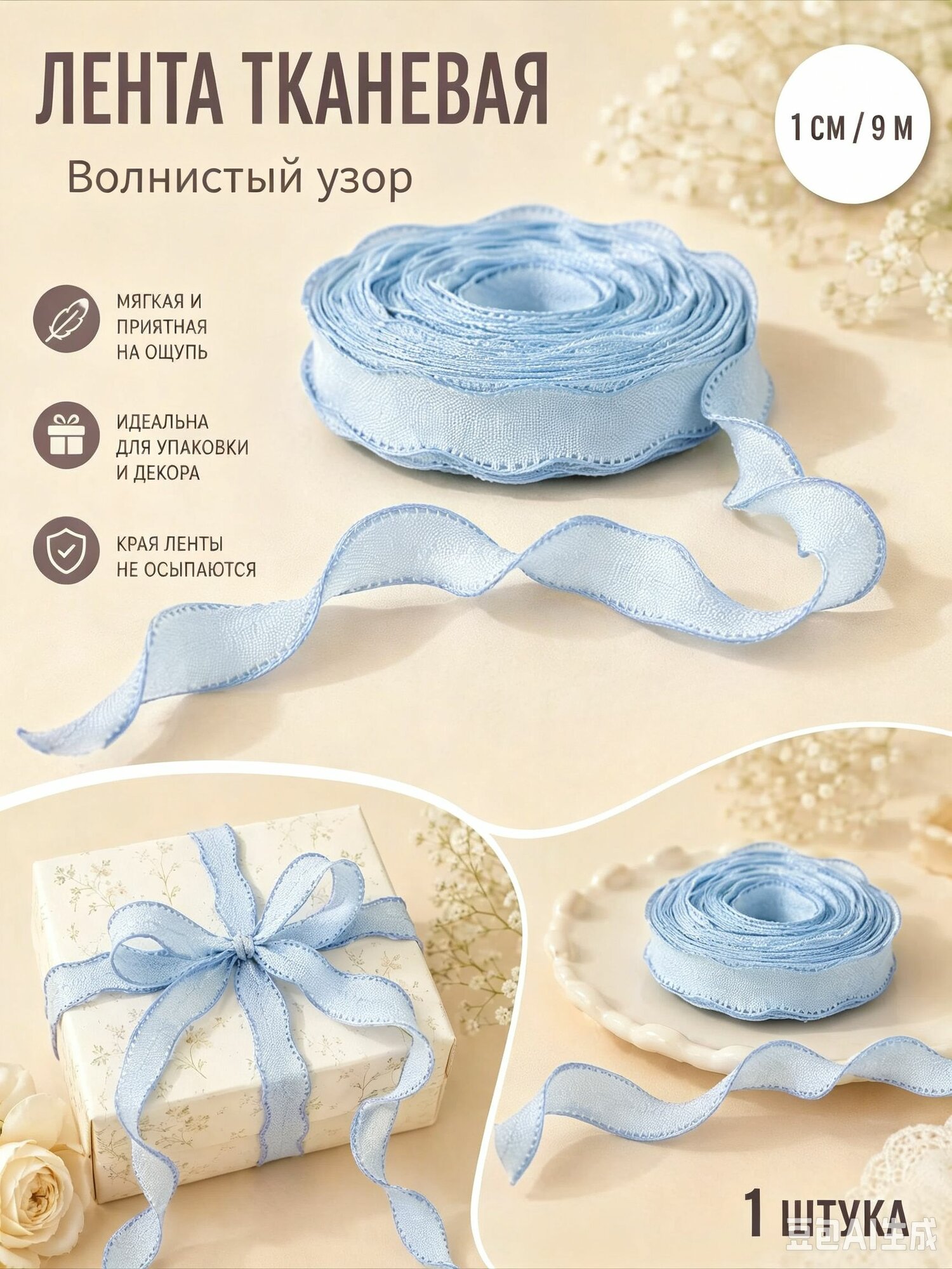 Лента тканевая (1 см*9 м) Нежная волна, 1 шт.