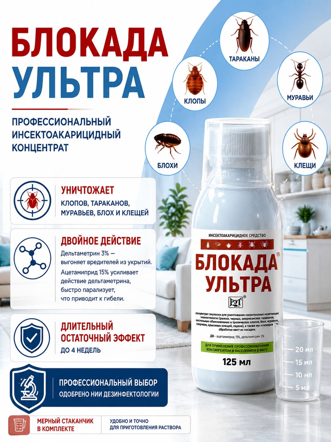 От постельных клопов, блох, тараканов - профессиональное средство Блокада Ультра 125мл