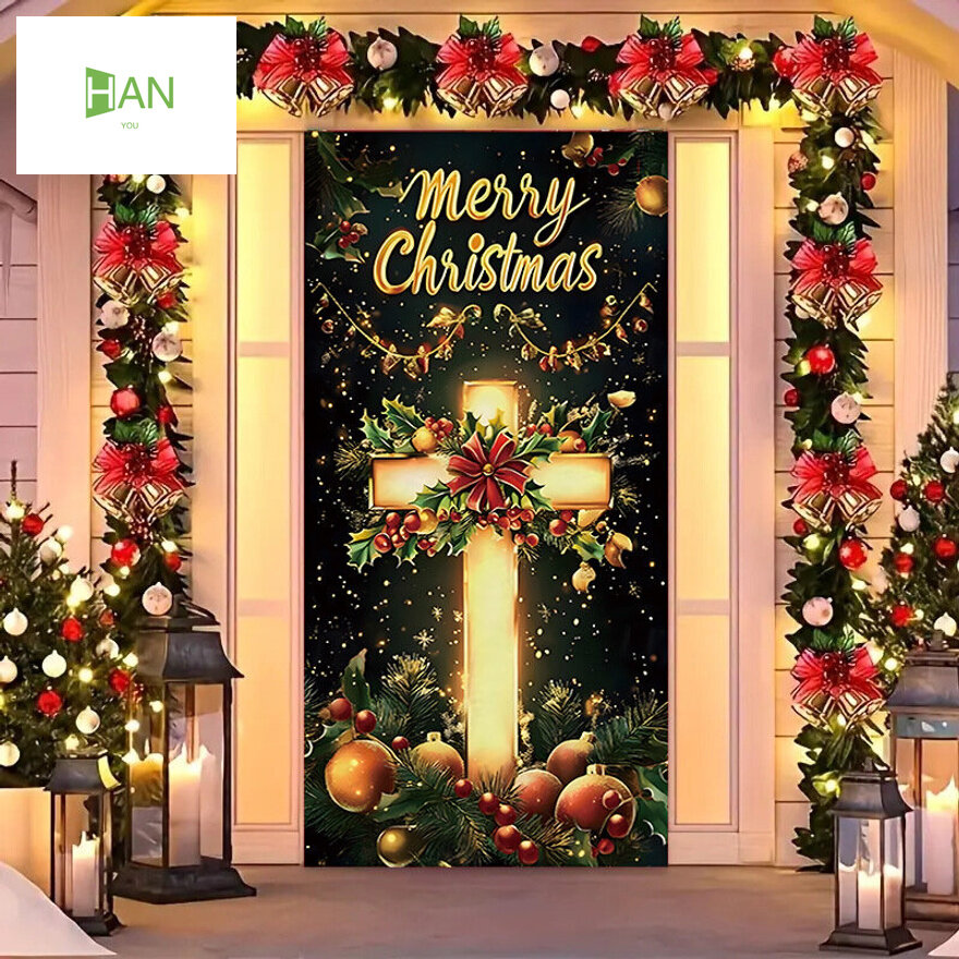 Рождественские декоративные наклейки на дверь, праздничный текстильный панно с атмосферой праздника 90x200 см
