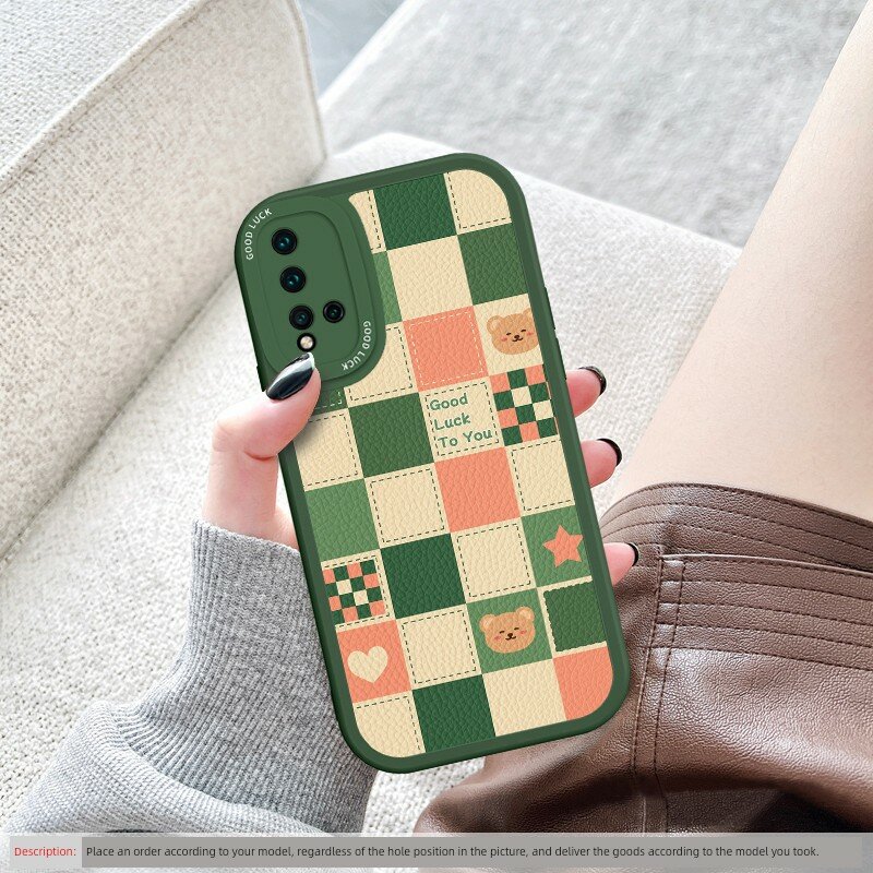 Чехол для Huawei Nova 4E, темно-зеленый с клетчатым рисунком и медвежьей тематикой, мягкий силикон, защита от ударов