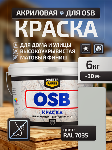 Изображение товара Краска акриловая MASTERFARBE для OSB плит, матовый, RAL 7035, светло-серый, 6 кг