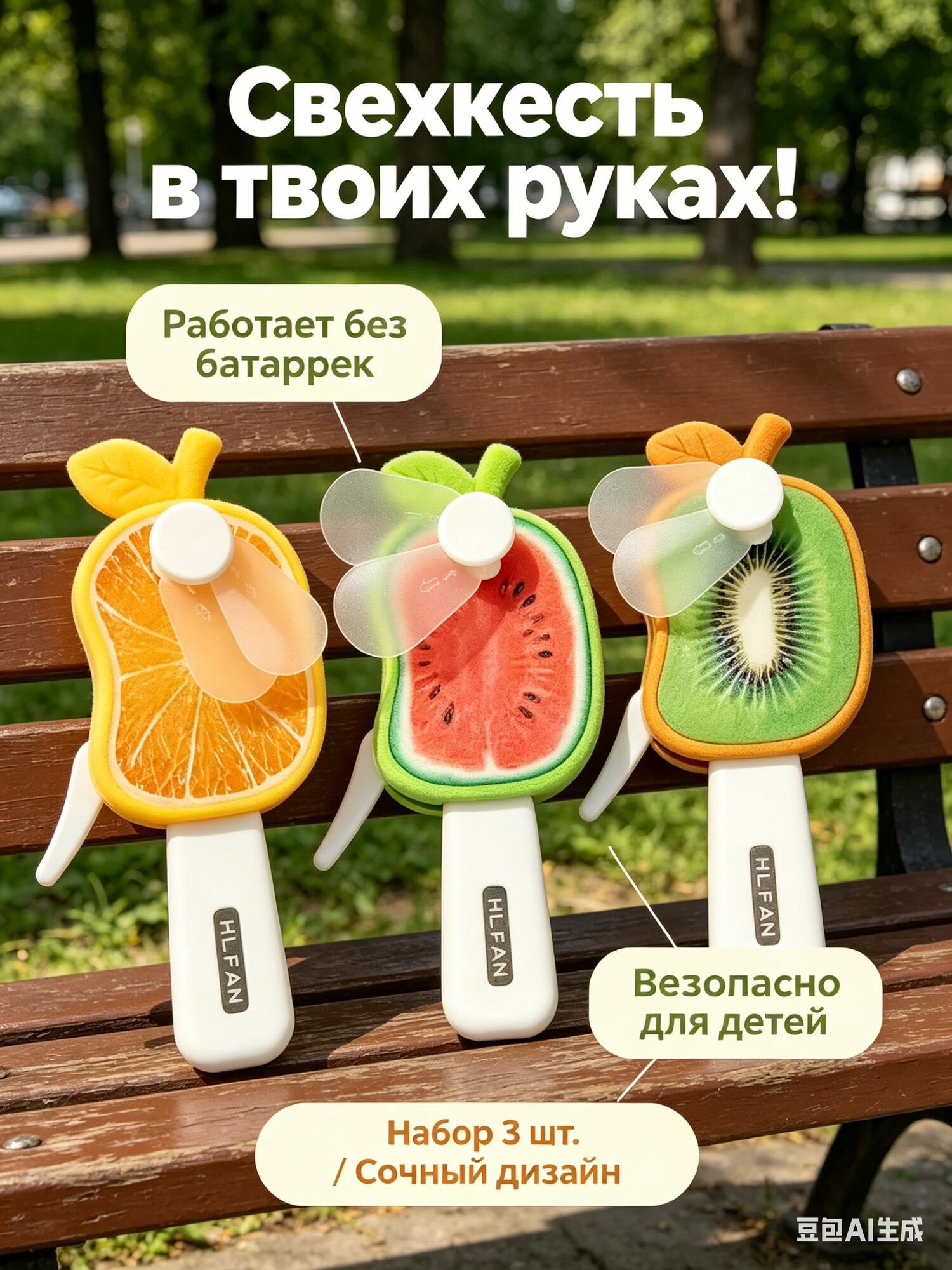 Настольный вентилятор Набор ручных вентиляторов фрукты механические 3 штуки, оранжевый, зеленый