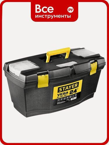 Изображение товара Ящик для инструмента STAYER VEGA-24, прочный пластиковый, черный, с лотками и встроенным органайзером для мелких деталей