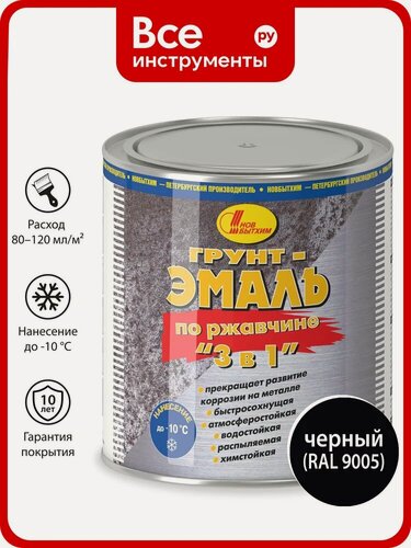 Изображение товара Грунт-эмаль по ржавчине Новбытхим 3 в 1, чёрная, RAL 9005 2,7 л 3388