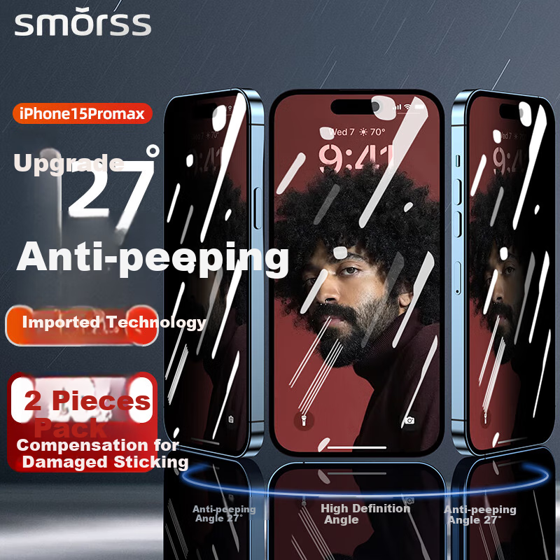 Smorss 27° защитная пленка из закаленного стекла для iPhone 15 Pro Max — анти-пальцевые следы и ударопрочная,