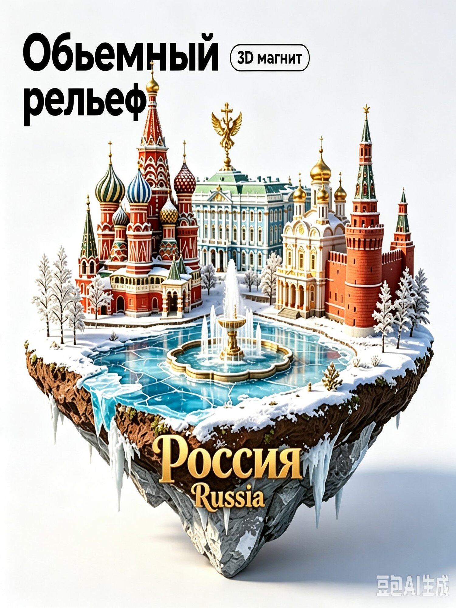 Магнит на холодильник "Россия" с объемным рельефом, сувенир с достопримечательностями, 7 см
