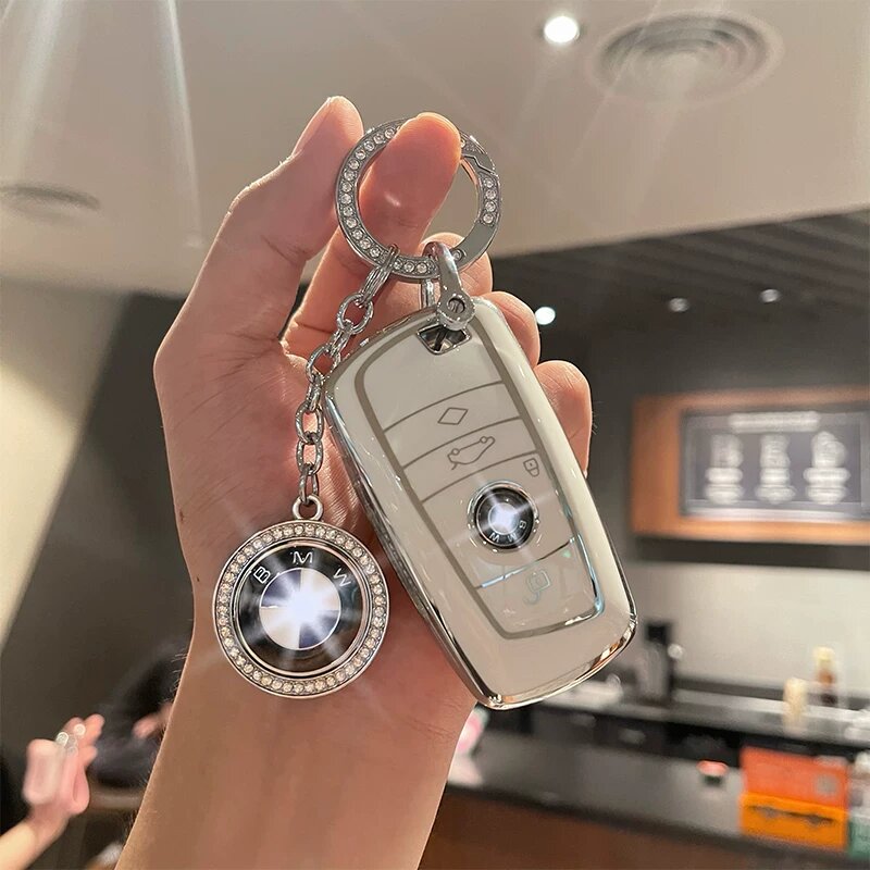 Чехол для ключа BMW для 5-й серии, стиль B Smart, белый, кристаллическое кольцо и автомобильный логотип, прочный