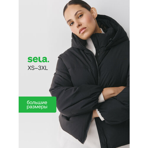 фото Куртка sela базовая стеганая женская c капюшоном, размер 42, черный