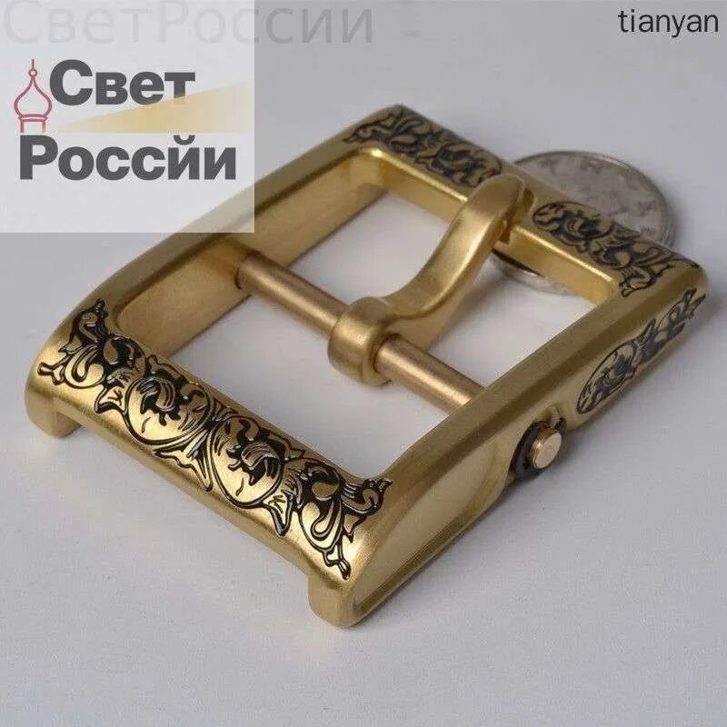 Пряжка ременная латунная 40 мм с цветочным узором, цвет золотистый, металл