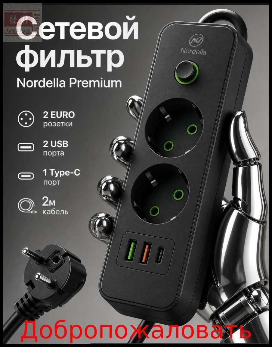 Сетевой фильтр 2 метра / 2 розетки / 2 USB / 1 Type C / с заземлением 20260527666