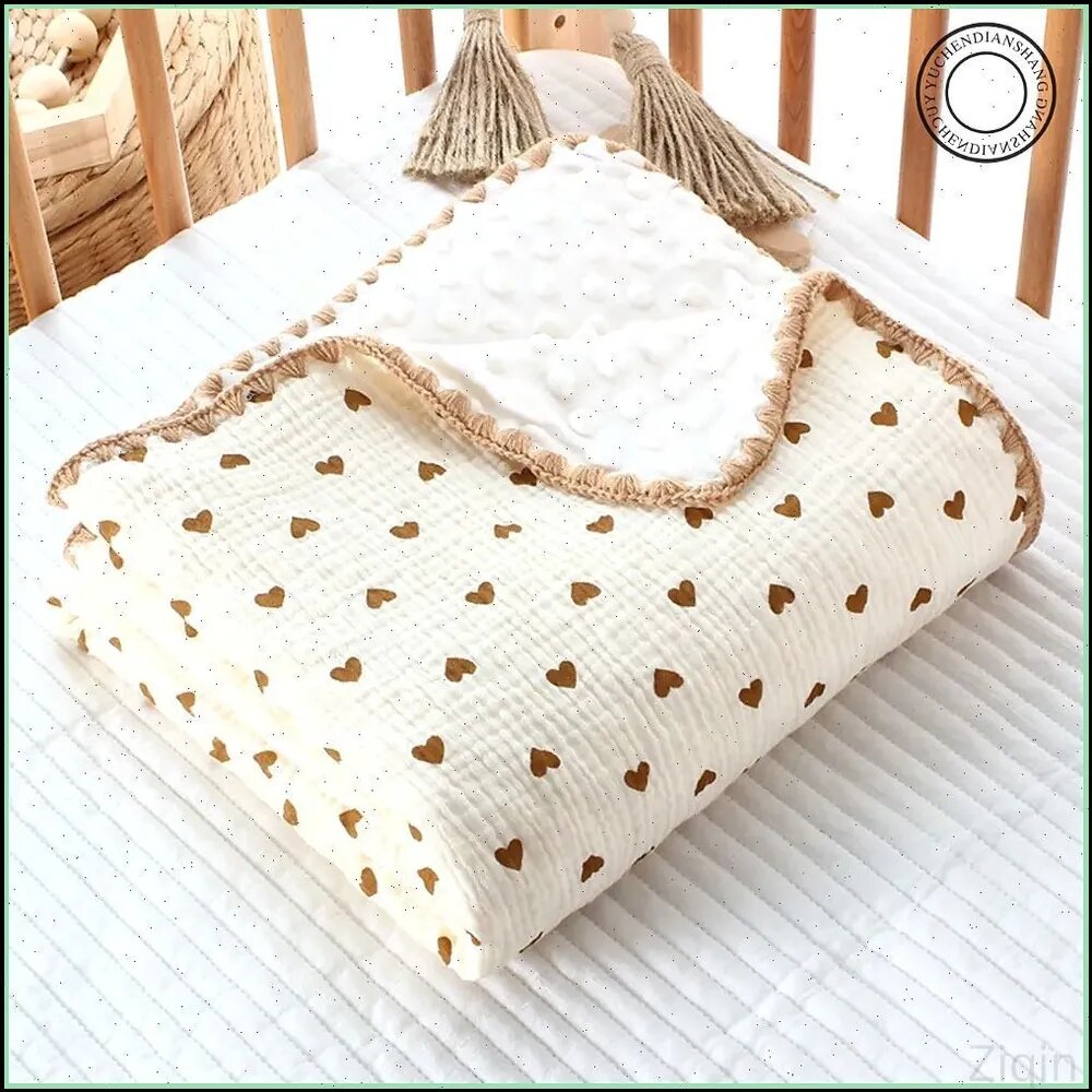 Плед 100x100 см хлопок сердечки светло-бежевый