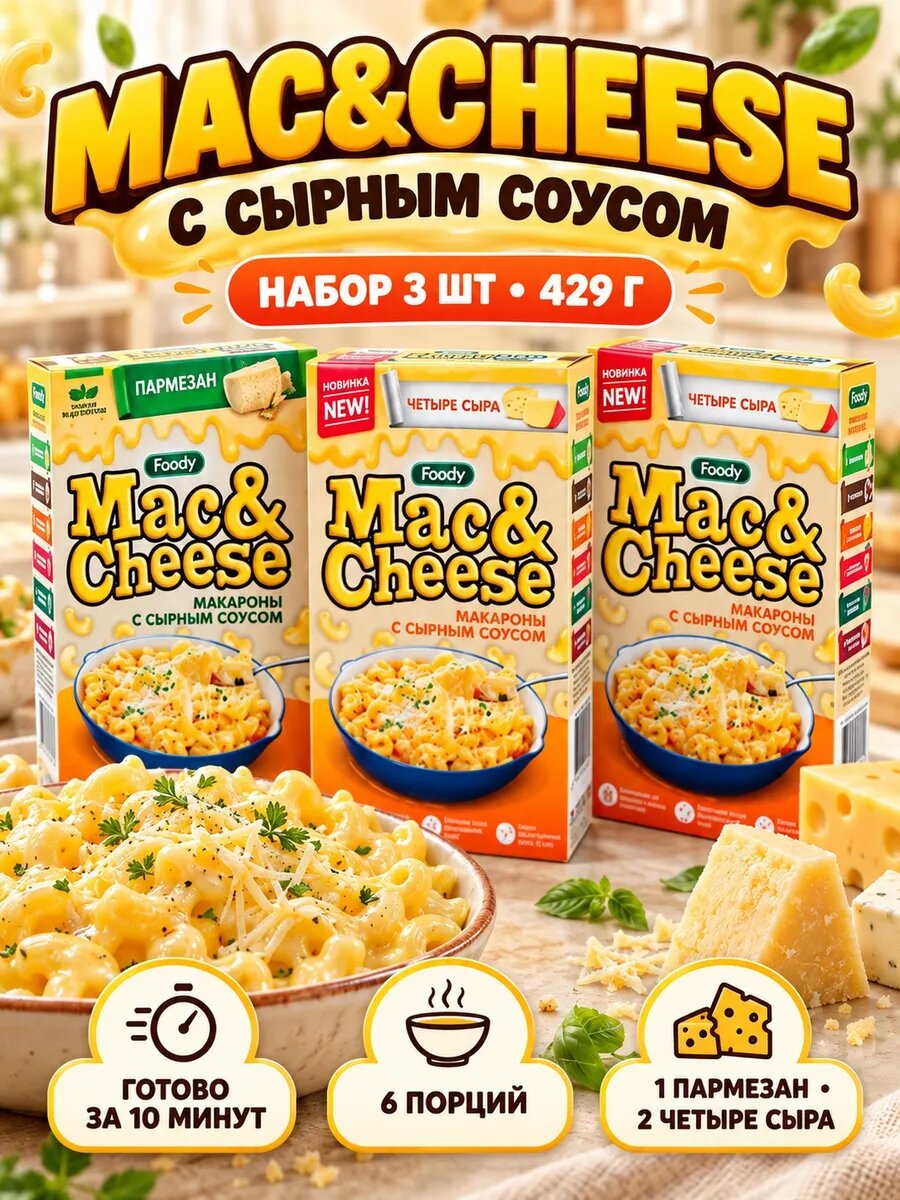 Макароны Mac&Cheese Пармезан, 4 сыра ×2 набор 3 шт 429 г, срок годности 306 дней
