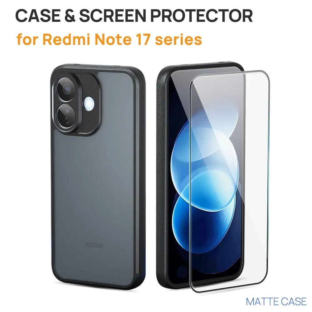 Чехолнабор для Redmi Note 17 4G, Redmi Note 17 5G, защитное стекло, матовый, антиотпечаток пальцев, противоударный, Casefort Access