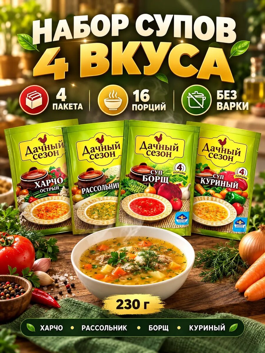 Набор супов 4 вкуса харчо рассольник борщ куриный 230г — супы быстрого приготовления