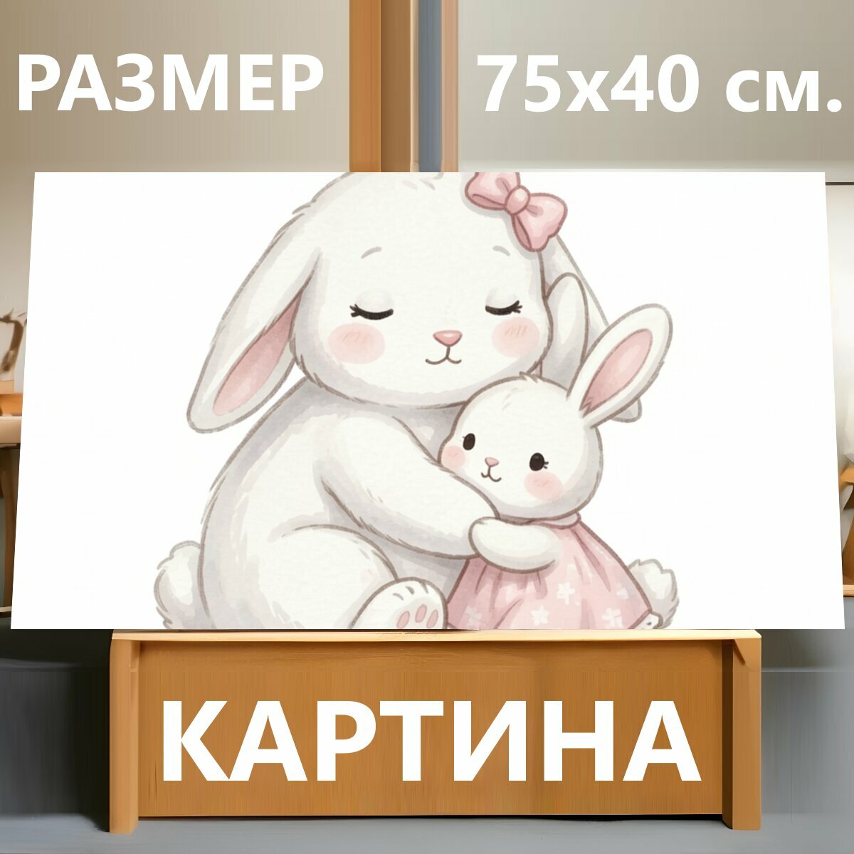 Картина на холсте "Два милых белых кролика. Нежная акварельная иллюстрация: большой зайчик обнимает маленького в розовом платьице, бело-розовая." на подрамнике 75х40 см. для интерьера
