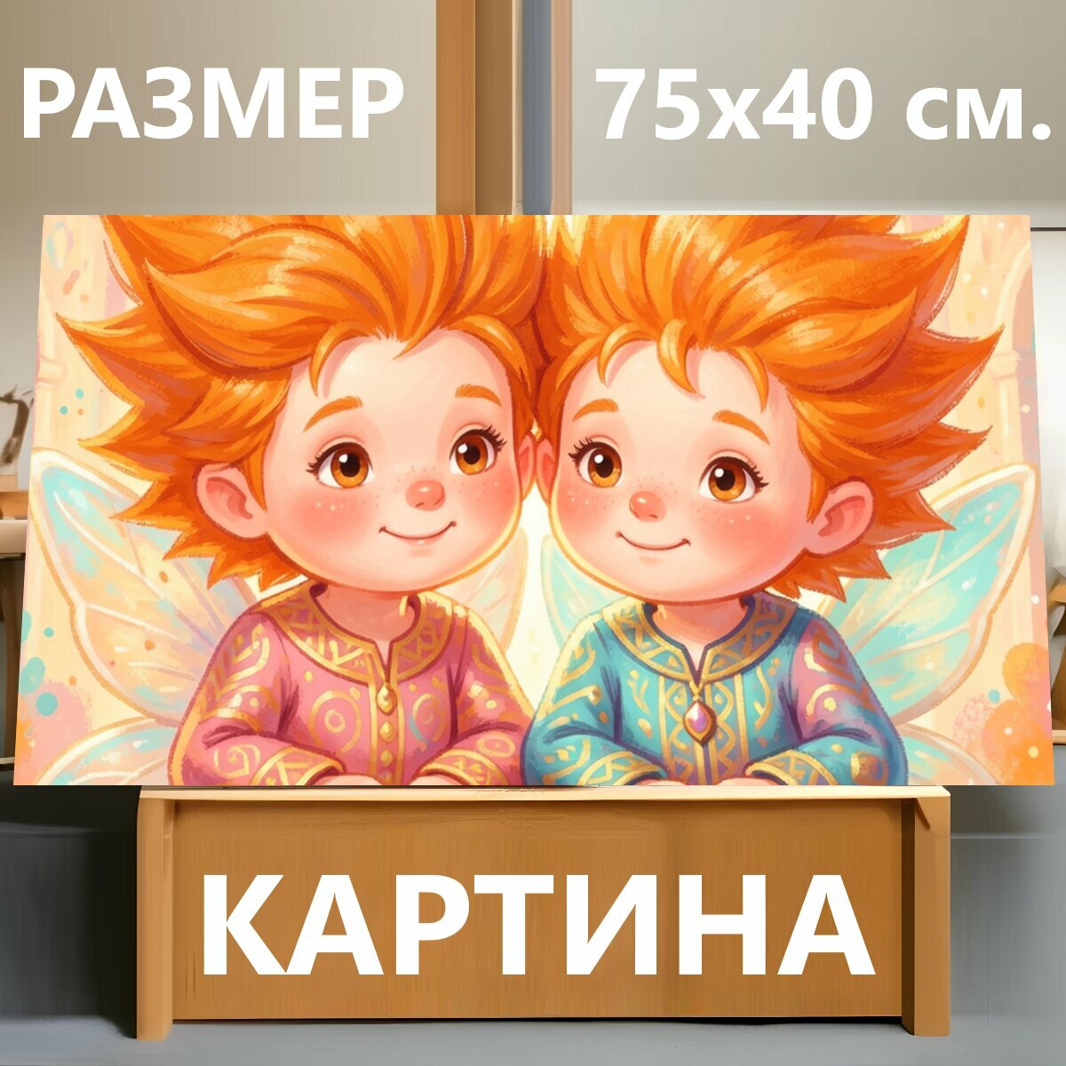 Картина на холсте "Два сказочных эльфа в городе. Милые фэнтезийные персонажи с рыжими волосами и светящимися крыльями стоят у резной ограды на." на подрамнике 75х40 см. для интерьера