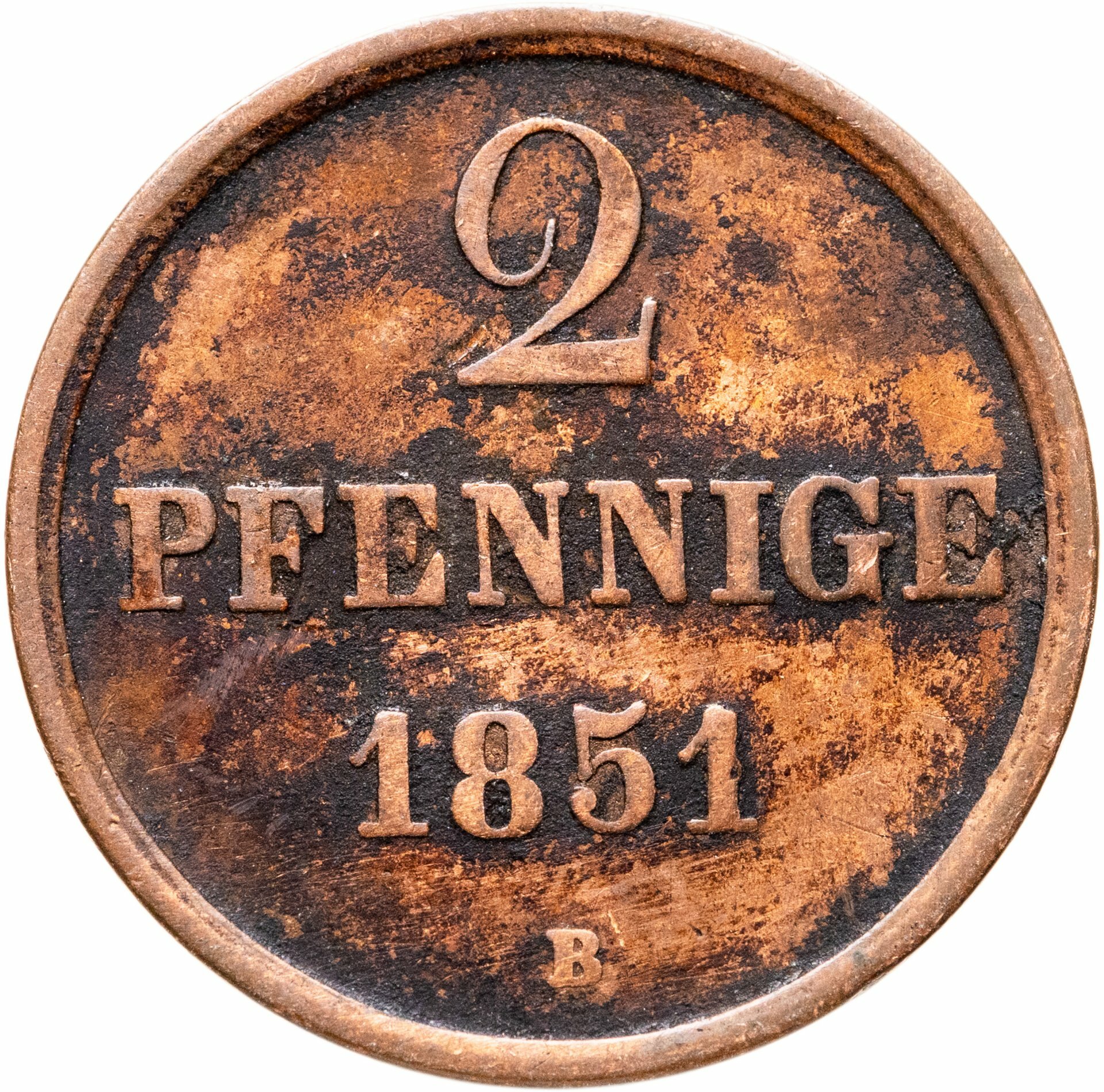 Германия, Ганновер 2 пфеннига 1851, Медь, в сохранности VF
