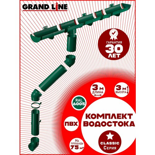 фото Комплект водосточной системы grand line на 3 м карниза по 1 метру (120мм/90мм) зеленый, набор элементов водостока для крыши пластик гранд лайн ( ral 6005 мох ) пвх