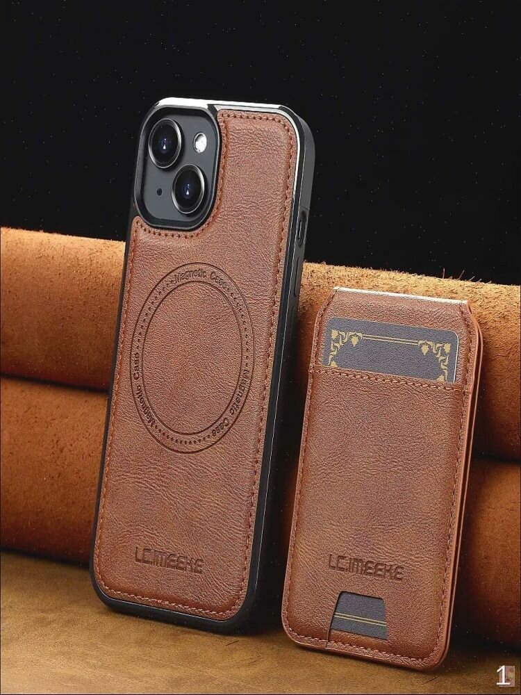 Чехол для iPhone 13/14 LCIMEEKE с магнитным кошельком 2в1, RFID защита, беспроводная зарядка, коричневый футляр