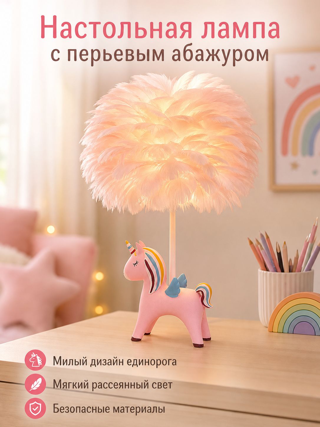 Настольная лампа с перьями, розовый единорог, абрикосовое основание, кнопка EU, декор спальни