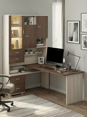 Изображение товара Стол компьютерный Мэрдэс СР-620/180 КШШ-ЛЕВ Карамель/Шамони/Шамони, с надстройкой, 130х180х216 см, с ящиками