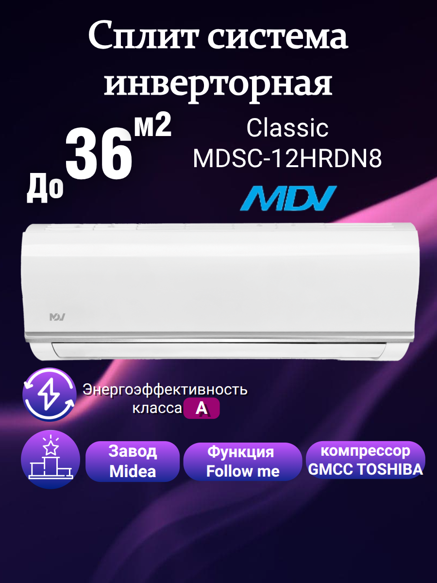 Сплит система MDV CLASSIC INVERTER MDSC-12HRDN8/ MDOC-12HDN8 собственный бренд завода MIDEA