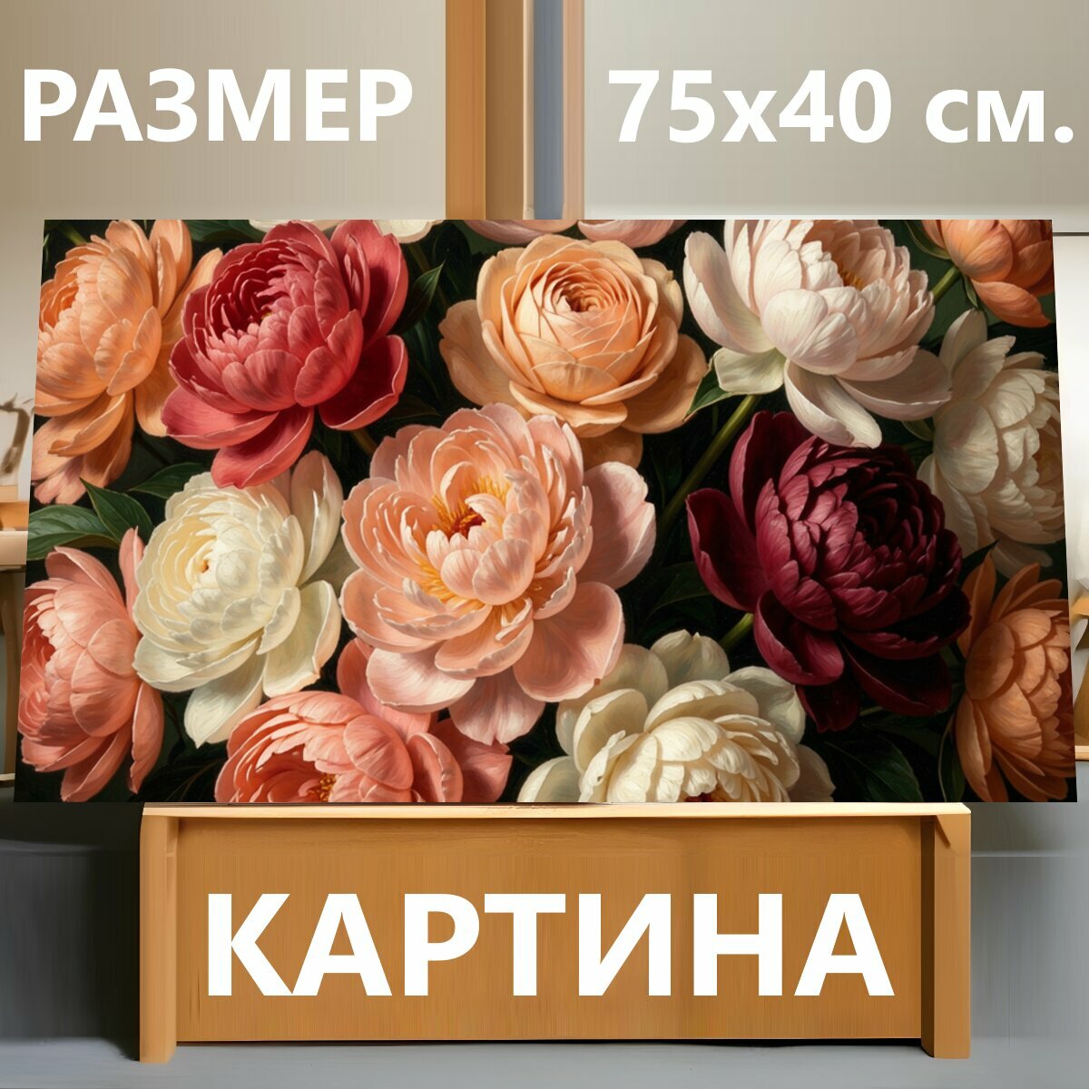 Картина на холсте "Нежные пионы и ранункулюсы. Пышная цветочная композиция в темной бархатной гамме: крупные бутоны в розовых, кремовых." на подрамнике 75х40 см. для интерьера