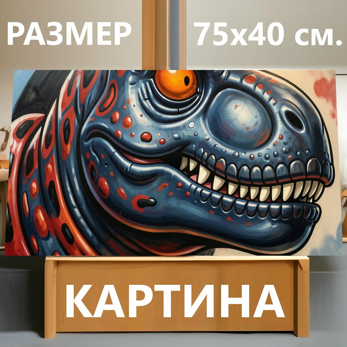 Картина на холсте "Яркий граффити динозавр. Уличное изображение фантастического ящера с огромным оранжевым глазом, зубастой пастью и." на подрамнике 75х40 см. для интерьера