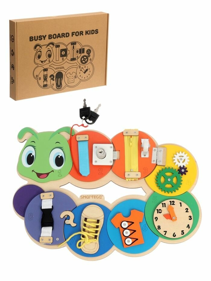 Бизиборд КНР Развивающая "Гусеница", обучающие элементы, дерево