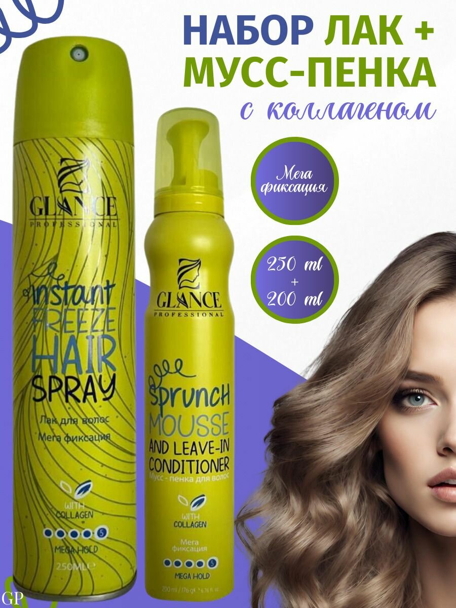 Набор GLANCE Professional Лак 250 мл и Мусс-Пенка 200 мл коллаген мега фиксация