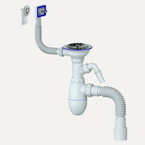 Изображение товара Сифон для мойки Unicorn В427Р, 3" 1/2, 40 мм, пластиковый с выпуском и универсальным переливом, белый, Россия